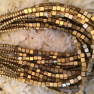 Chicos Gold Statement Necklace Square Beaded Multi Strand EUC Adjustable Unique